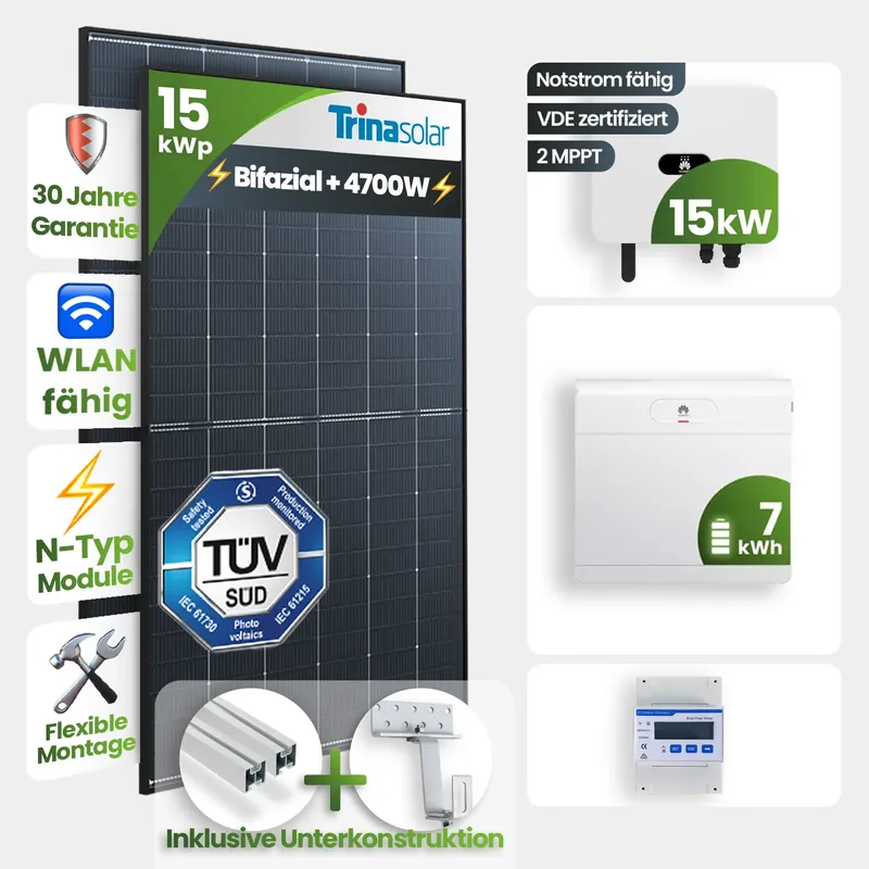 Nur Für Kurze Zeit 15 kWp PV-Anlage 36x Trina 445Wp Black Frame 7kW Speicher