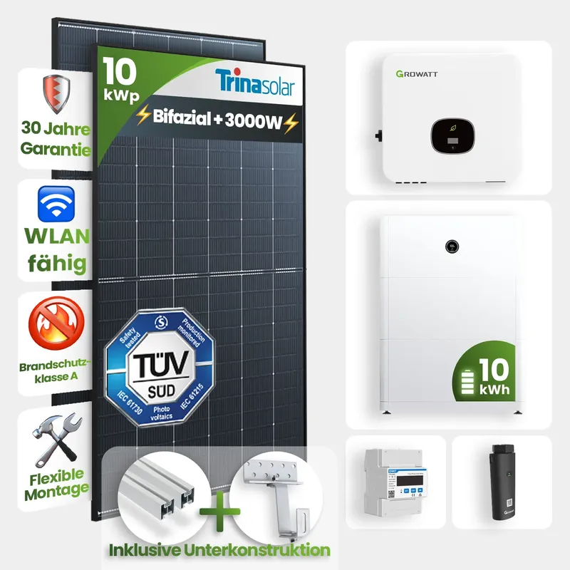 Angebot 10kWp Growatt PV-Anlage 23x Trina 445Wp Bifazial Black Frame Schrägdachmontage 10kWh Speicher