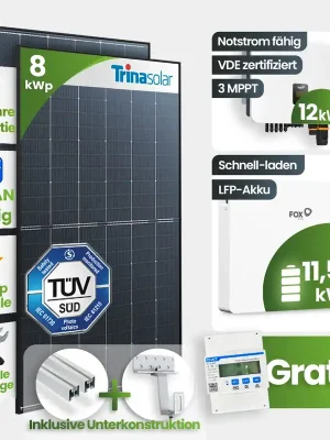 Sofort Bestellen 8 kWp FoxEss PV-Anlage 18x Trina 460Wp Glas-Glas Black Frame Schrägdach 11,52kWh Speicher inkl. Smart Meter