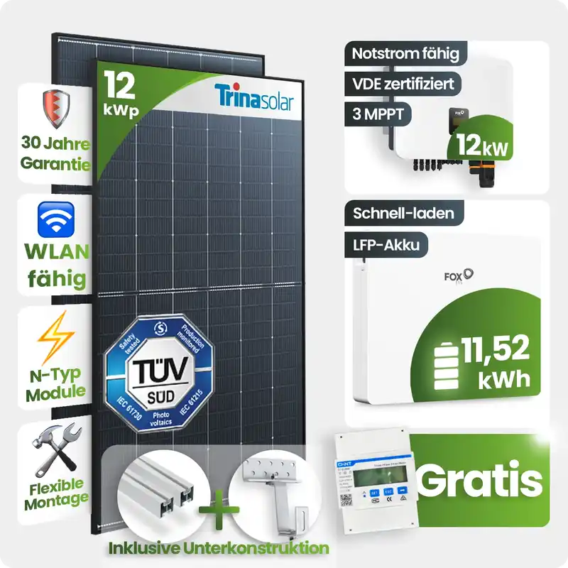 12 kWp FoxEss PV-Anlage 27x Trina 460Wp Glas-Glas Black Frame 11,52kWh Speicher inkl. Smart Meter Gratis Versand