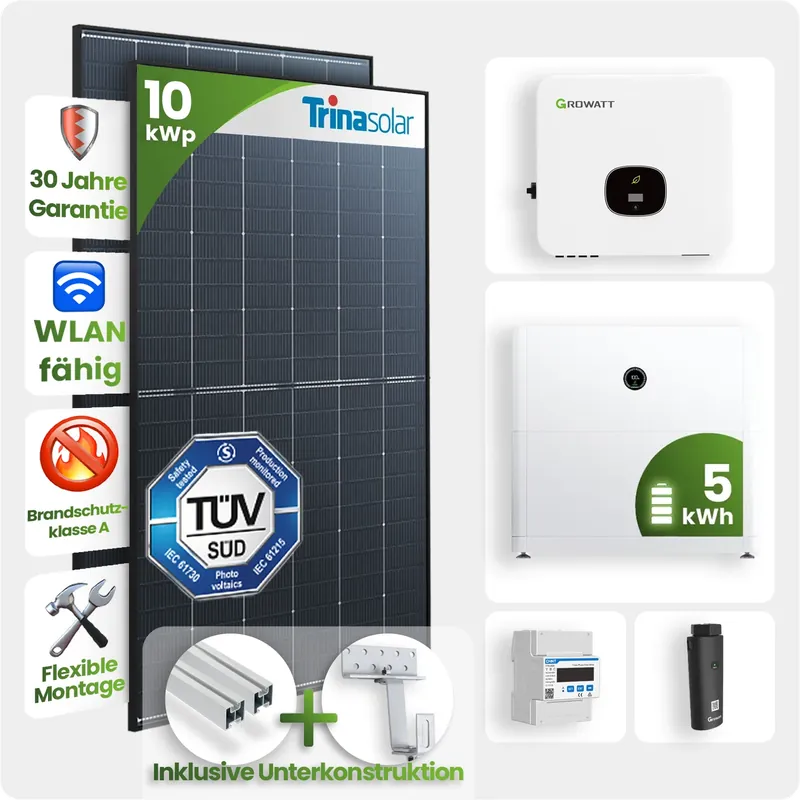 10kWp Growatt PV-Anlage 22x Trina 455Wp Glas-Glas Black Frame Schrägdachmontage 5kWh Speicher Preisreduziert