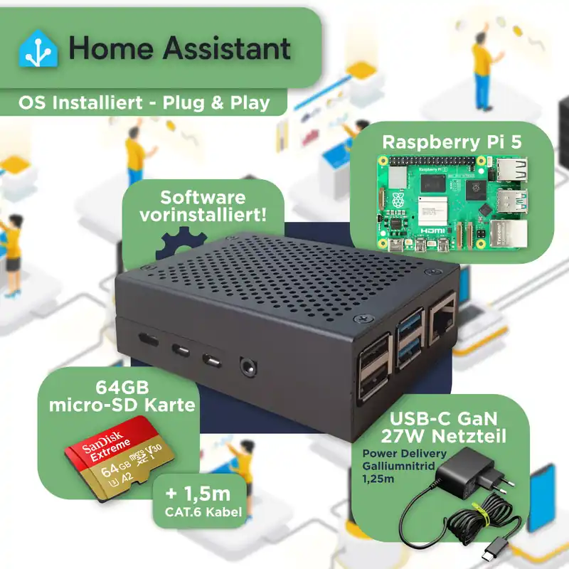 Aktuell Home Assistant Plug & Play Set inkl. Raspberry Pi 5Smart Home & PV-Monitoring (64GB SD, Netzteil, Gehäuse, LAN-Kabel)