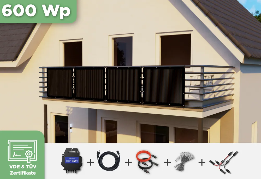 Highlight Balkonkraftwerk mit Ultraleicht-Modulen 600 WpAPsystems EZ1-M 800 W / Sunman / 150 Wp (89 cm x 102 cm) / 4 Module / 5 m