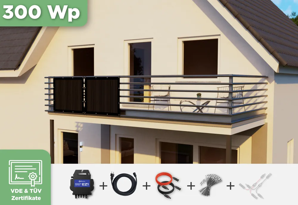Finale Aktion Balkonkraftwerk mit Ultraleicht-Modulen 300 WpAPsystems EZ1-M 800 W / Sunman / 150 Wp (89 cm x 102 cm) / 2 Module / 10 m
