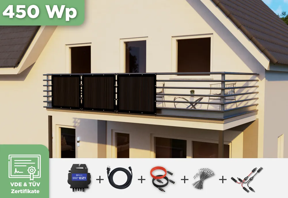Top-Seller Balkonkraftwerk mit Ultraleicht-Modulen 450 WpAPsystems EZ1-M 800 W / Sunman / 150 Wp (89 cm x 102 cm) / 3 Module / 10 m