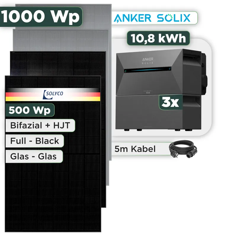 Beliebt Balkonkraftwerk Set 1000 WpAnker Solarbank 3 Pro / 10,8 kWh / Solyco 500 Wp Glas-Glas Fullblack-Modul Bifazial / 2 Module / Schuko Stecker / 3 m