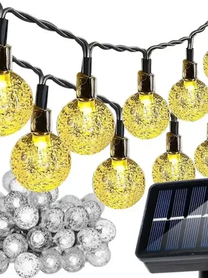 Schnäppchen Solar LED Lichterkette 14m, 100 warmweiße LED Kugeln 8 Leuchtmodi
