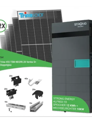 10,01 kWp PV-Komplettset mit 22x Trina 455 Wp TSM-NEG9R.28 Vertex S+ Doppelglas-Solarmodule & STRONG ENERGY ALFRED-10 - inkl. K2 Unterkonstruktion für Ziegeldächer Preisreduziert