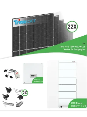 Preisknaller 10,01 kWp PV-Komplettset mit 22x Trina TSM-NEG9R.28 Vertex S+ 455 W Doppelglas-Module & RCT Power Storage 10.0 & RCT Power Battery 11.5-2 Speicher – inkl. Unterkonstruktion für Ziegeldächer