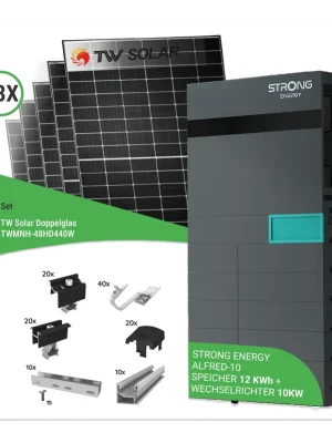 Super-Preis 10,12 kWp PV-Komplettset mit 23x TW Solar TWMNH-48HD440W Doppelglas-Modulen & STRONG ENERGY ALFRED-10 Speicher (12 kWh) – inkl. K2 Unterkonstruktion für Ziegeldächer