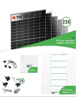 Nur Heute 10,12 kWp PV-Komplettset mit 23x TW Solar TWMNH-48HD440W Doppelglasmodule & RCT Speicher – inkl. K2 Unterkonstruktion für Ziegeldächer