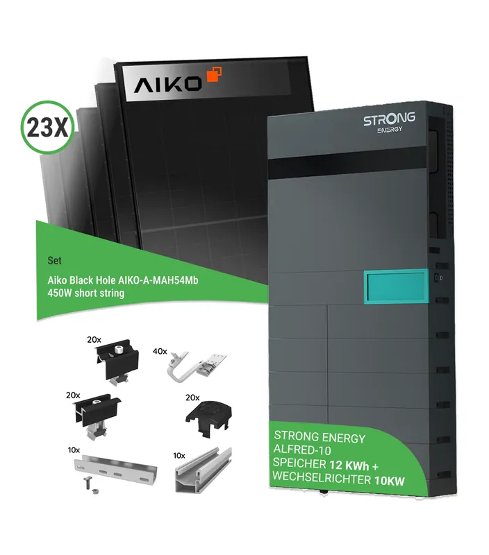 Bestpreis 10,35 kWp PV-Komplettset mit 23x Aiko Black Hole AIKO-A-MAH54Mb 450W short string & STRONG ENERGY ALFRED-10 - inkl. K2 Unterkonstruktion für Ziegeldächer