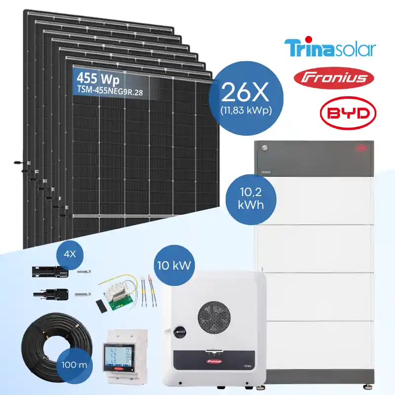 PV-Komplettset 12 kWp - 26x Trina 455 Wp + Fronius Symo GEN24 Plus 10.0 + BYD B-Box HVS 10.2 Aktuell