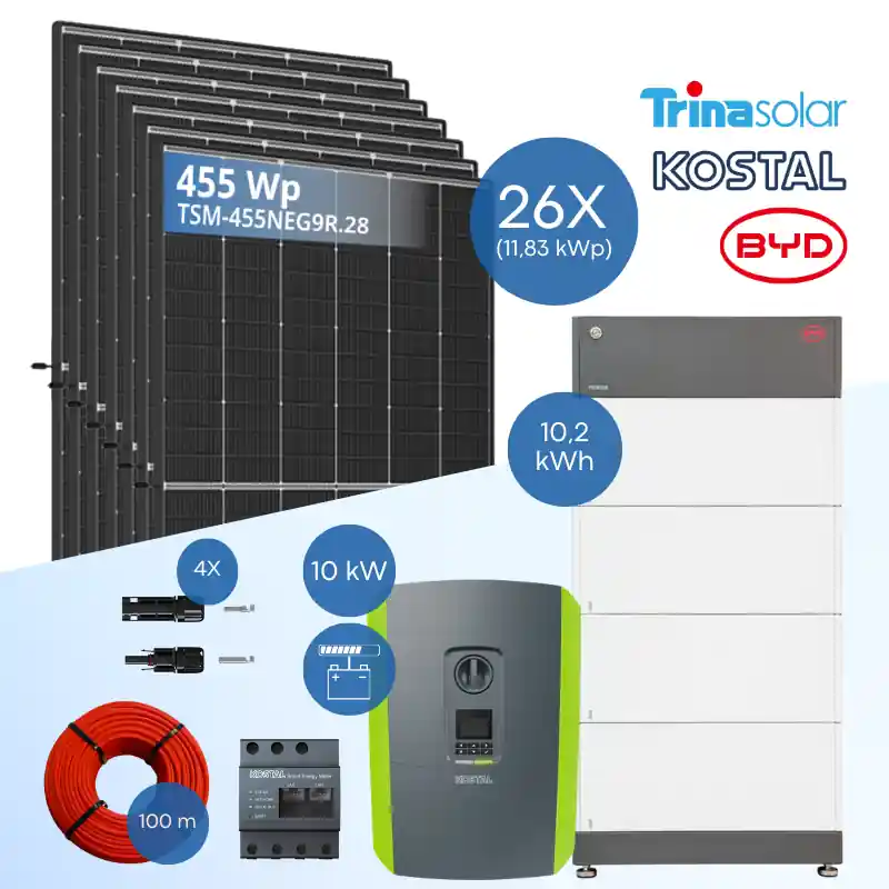 PV-Komplettset 12 kWp - 26x Trina 455 Wp + Kostal PLENTICORE plus G2 10 + BYD B-Box HVS 10.2 Kostenloser Versand