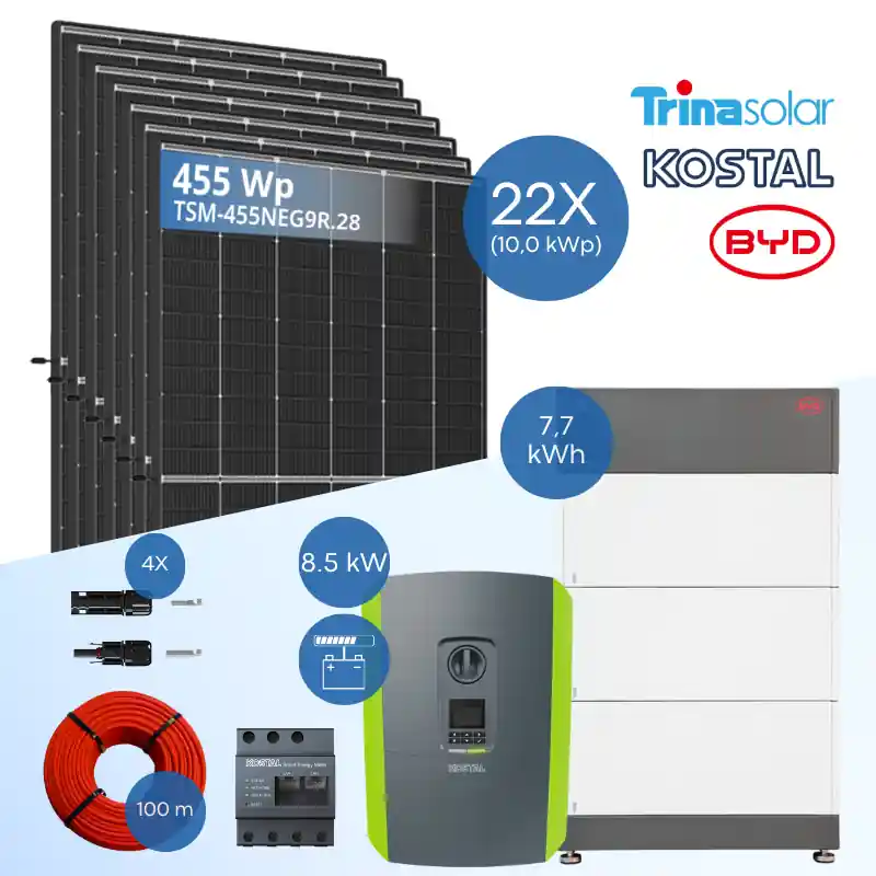 PV-Komplettset 10 kWp - 22x Trina 455 Wp + Kostal PLENTICORE plus G2 8.5 + BYD B-Box HVS 7.7 Knallerangebot