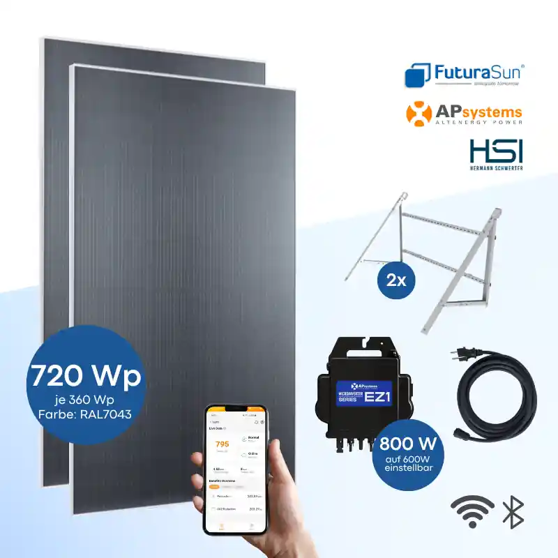 Super-Preis Balkonkraftwerk FuturaSun Silver 720 Wp mit APsystems EZ1 + HSI Balkonhalterung