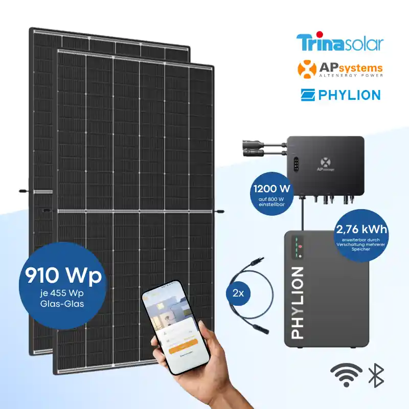 Balkonkraftwerk Trina Solar 910 Wp mit APSystems EZHI 1200 W und Phylion 2,76 kWh Batteriespeicher Preisreduziert
