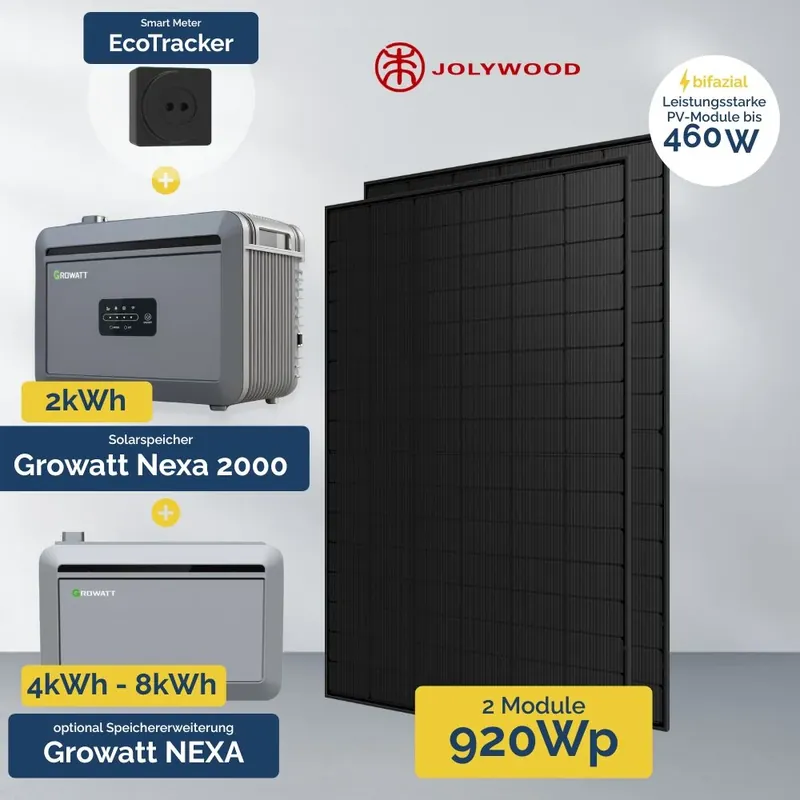 Angebot 920 W Balkonkraftwerk mit Speicher - Growatt NEXA 2000 All-in-One & 2x Jolywood 460 W