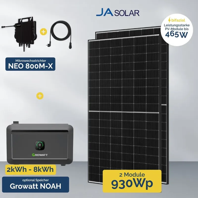 930 W Balkonkraftwerk mit Speicher – Growatt NEO 800 & 2x JA Solar 465 W Neue Kollektion