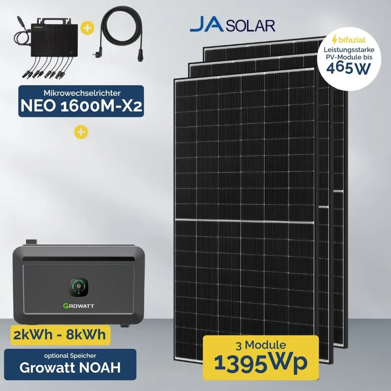 1395 W Balkonkraftwerk mit Speicher – Growatt NEO 1600 & 3x JA Solar 465 W Angebot