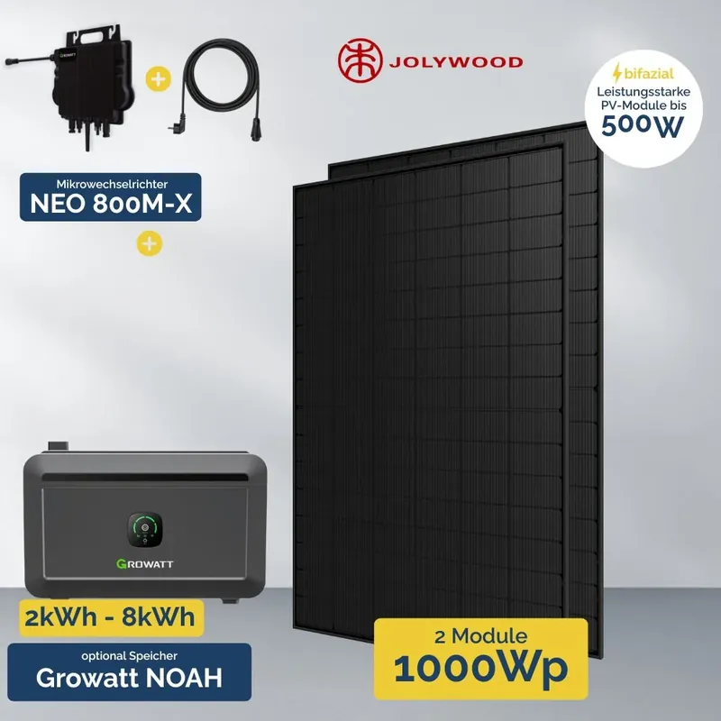 1000 W Balkonkraftwerk mit Speicher – Growatt NEO 800 & 2x Jolywood 500 W Abverkauf