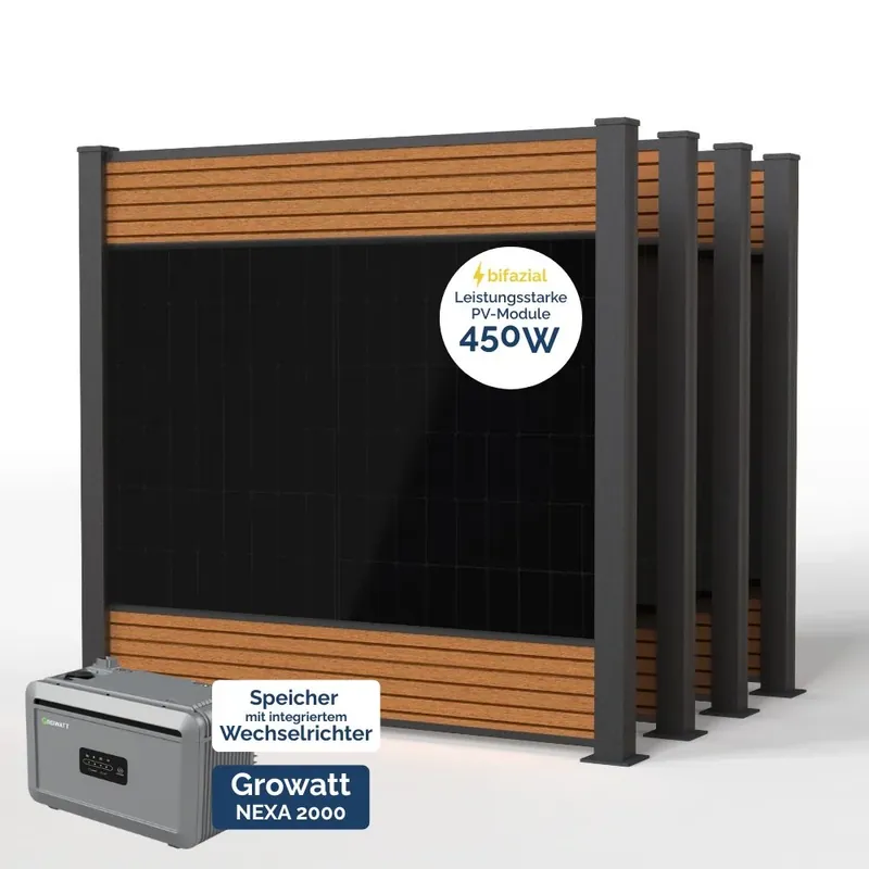 FlexPVence Solarzaun 1,80 x 7,4 m mit vier PV Modulen Gratis Versand