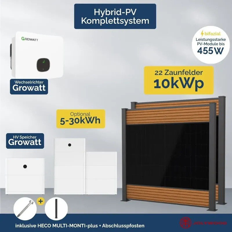 FlexPVence Solarzaun Komplettset 10 kWp – Hybrid‑PV mit Growatt APX Speicher Direkt Vom Hersteller