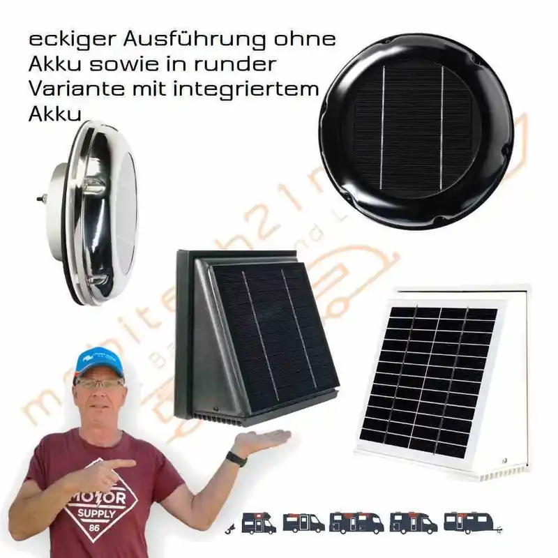 AERO Solarlüfter mit Akku rund / eckig, chrom /weiß oder schwarz Bestpreis