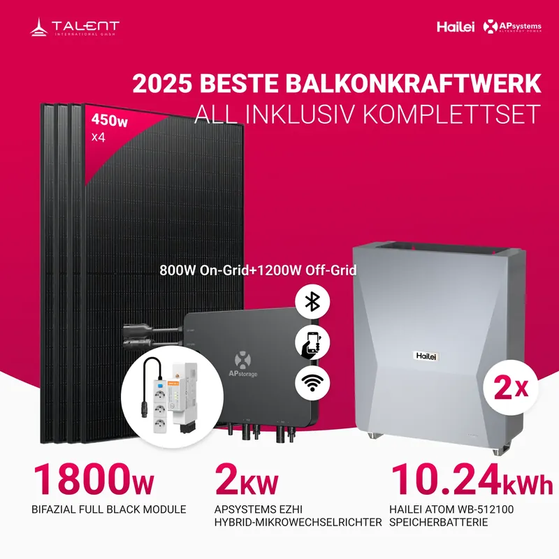 APsystems EZHI Balkonkraftwerk– Hybrid & Insel-System mit 5 kWh / 10kWh Speicher + 1800W (4 x 450W) Bifacial Glas-Glas Full Black Module, AC 2000W Gratis Versand