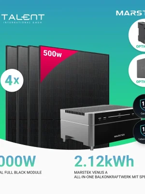 2000W Balkonkraftwerk mit Speicher - 4x 500W Bifazial Transparentes Glas-Glas Full Black Modul & Marstek Venus A Heißes Angebot