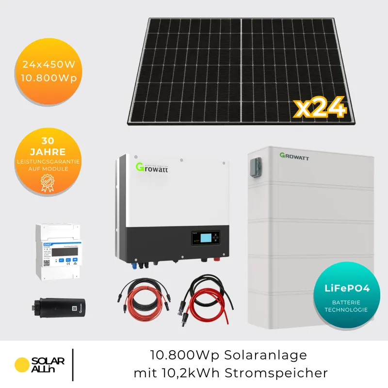 10.8kWp/10kW Growatt Hybrid Solaranlage mit Stromspeicher 10kWh 3 phasige High-Volt Komplett-Set Expressversand