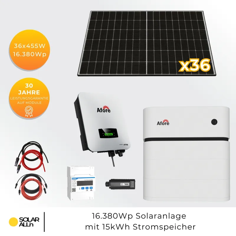 16.380Wp/15kW Hybrid PV-Anlage mit 15kWh Stromspeicher 3 phasige High-Volt Komplett-Set Top-Preis