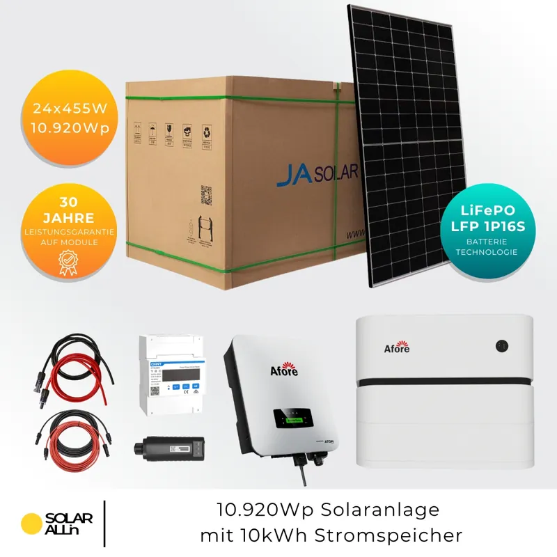 10.920Wp/10kW PV-Anlage mit 10kWh HV Stromspeicher | 24x JA Solar Module Bifazial 455Wp | Afore Hybrid Wechselrichter 3-Phasig HV | App & WiFi Neuheit