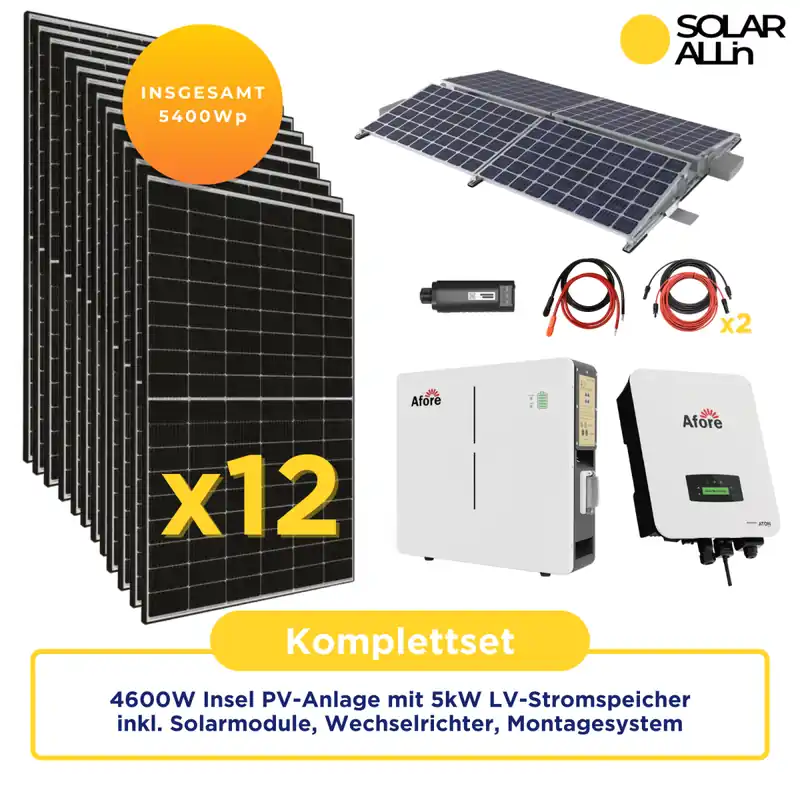 Rabatt 5,4kWp/4,6kW Haushalt|Insel PV-Anlage autarkes Komplettset |5kWh LV-Stromspeicher |4,6kW Hybrid Wechselrichter |12 x JA-Solar Glas-Glas Module | Montagesystem