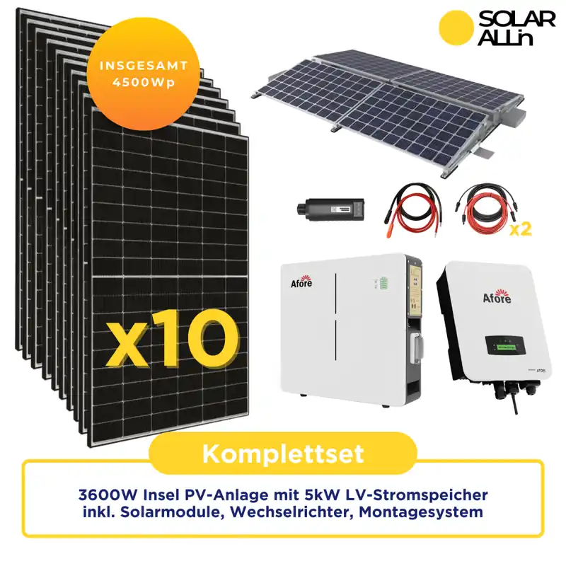 Neu 4,5kWp/3,6kW Haushalt|Insel PV-Anlage autarkes Komplettset |5kWh LV-Stromspeicher |3,6kW Hybrid Wechselrichter |10 x JA-Solar Glas-Glas Module | Montagesystem