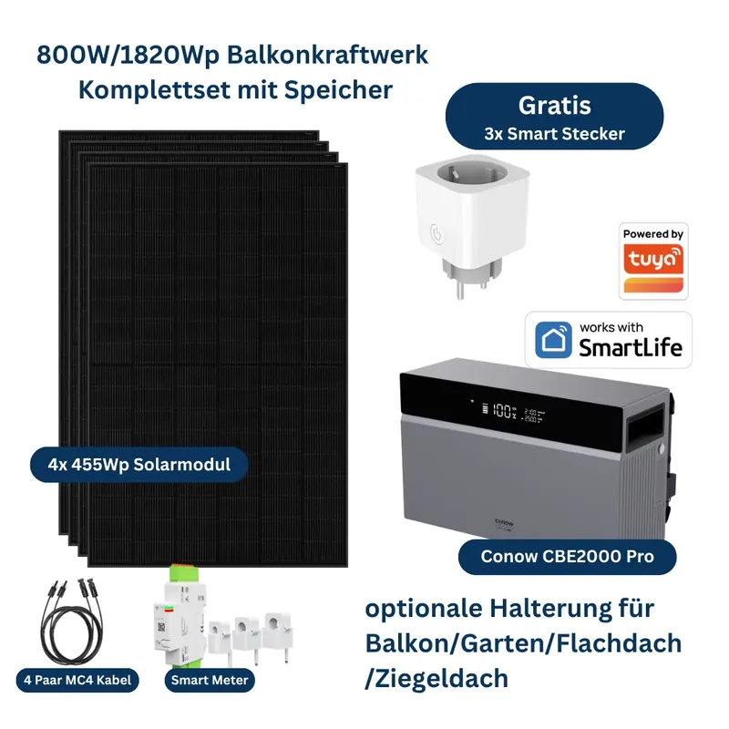 1820Wp Balkonkraftwerk mit 2kWh Speicher Conow CBE 2000 Pro|455Wp Solarmodul & Halterung Kostenfreie Lieferung