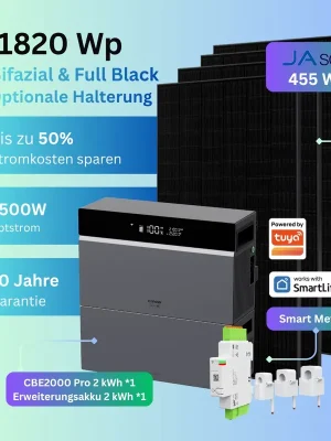 Gratis Versand 1820Wp Balkonkraftwerk mit 4 kWh Speicher Conow CBE 2000 Pro|455Wp Solarmodul & Halterung
