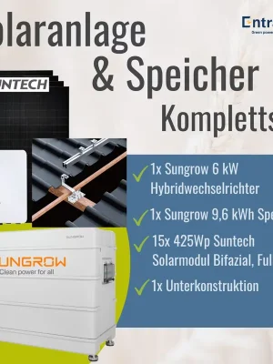 Solange Der Vorrat Reicht 6,38 kWp Solar Komplettanlage mit Speicher | Hybrid-Wechselrichter 6 kW + Stromspeicher 9,6 kWh