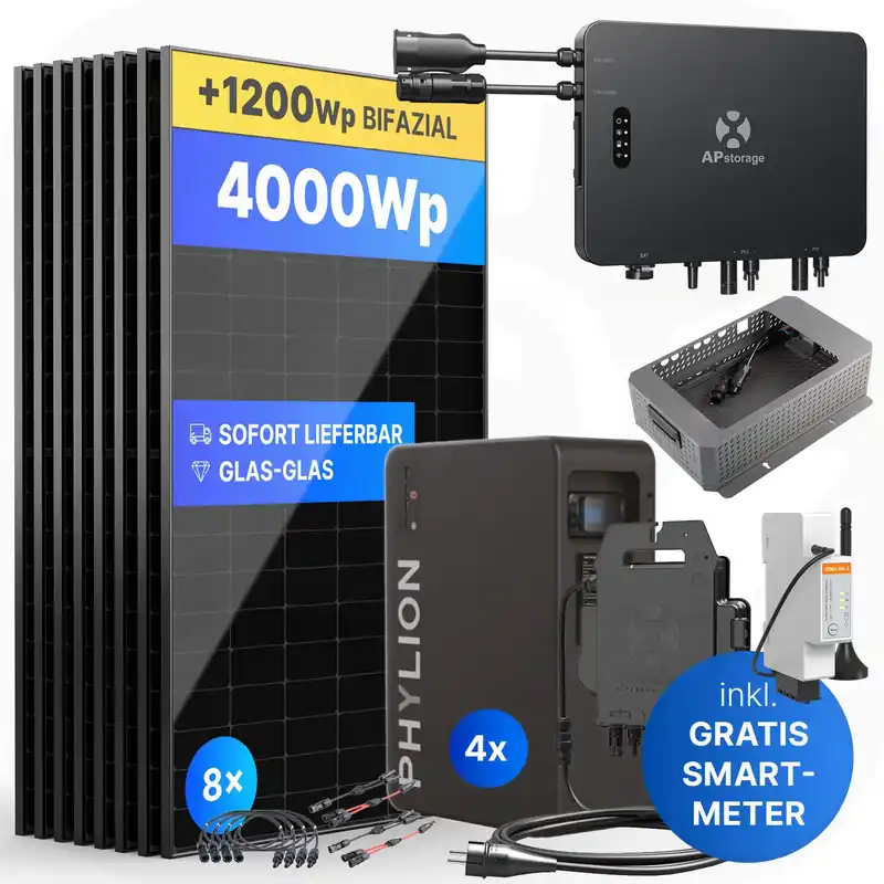 APsystems EZHI 4000Wp/10kWh - Balkonkraftwerk Speicher-Set | Phylion LiFePO4 Batteriespeicher & Jolywood 500Wp Module Gratis Versand