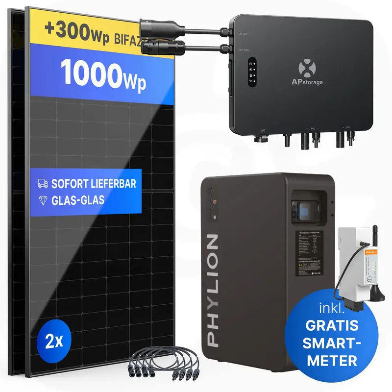 APsystems EZHI 1000Wp/2,76kWh - Balkonkraftwerk Speicher-Set | Phylion LiFePO4 Batteriespeicher & Jolywood 500Wp Module Günstig