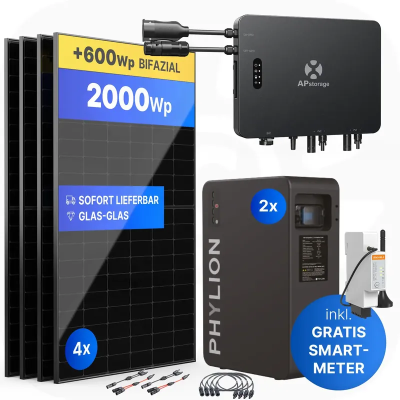 APsystems EZHI 2000Wp/5kWh - Balkonkraftwerk Speicher-Set | Phylion LiFePO4 Batteriespeicher & Jolywood 500Wp Module Angebot