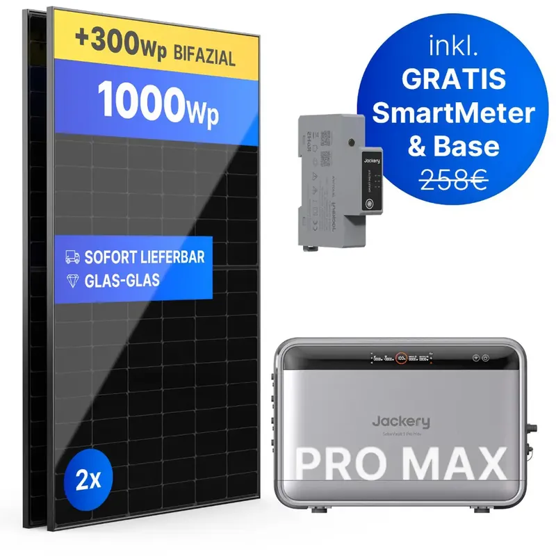 Günstig 1000Wp Balkonkraftwerk mit Jackery SolarVault 3 Pro Max - 2,5kWh - 2x500Wp