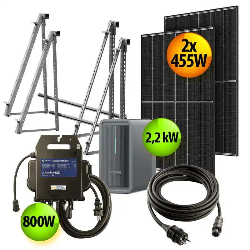 Expressversand plenti SOLAR Balkonkraftwerk 910Wp/800W Speicher 2,2kW 2 Module 20°- 40° Variabel