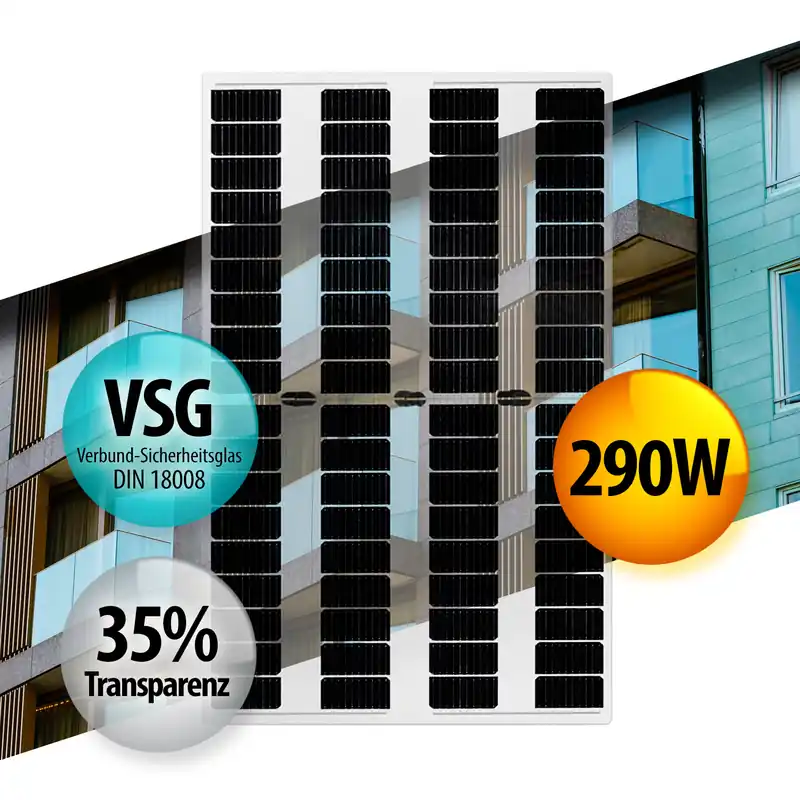 Top-Seller 35% Transparentes Sicherheitsglass PV Modul 290Wp Photovoltaik Solarpanel Rahmenlos