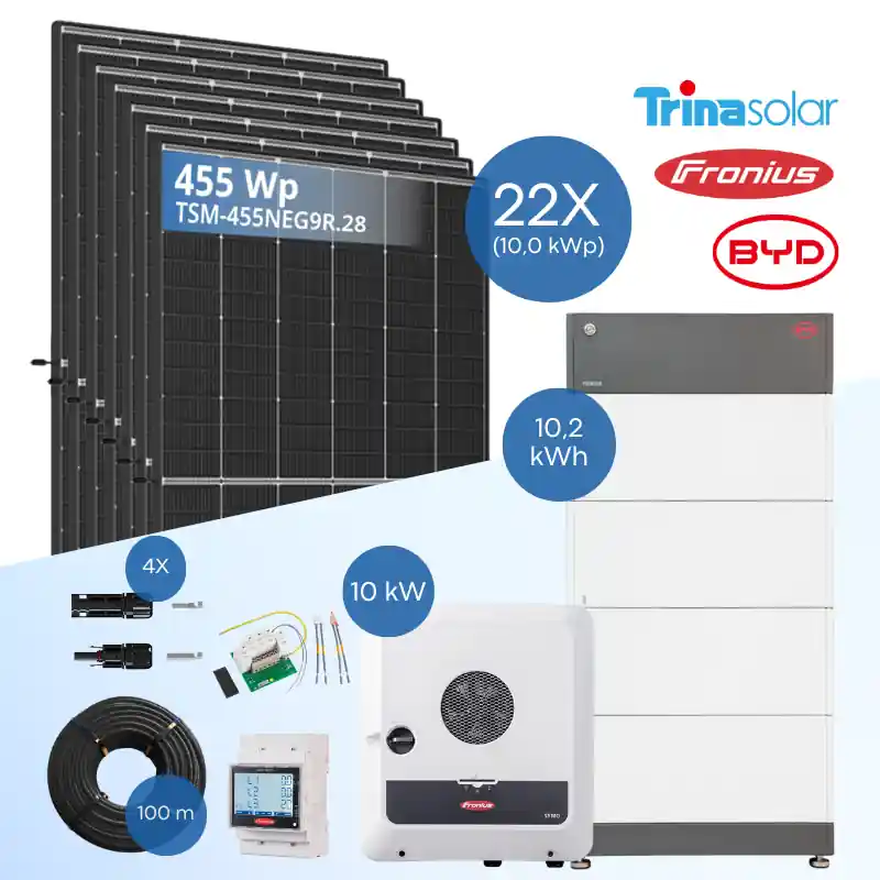 PV-Komplettset 10 kWp - 22x Trina 455 Wp + Fronius Symo GEN24 Plus 10.0 + BYD B-Box HVS 10.2 Abverkauf