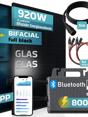 SUNNIVA® 920W Balkonkraftwerk BIFAZIAL FULLBLACK komplett Steckdose TSUN 800W Wechselrichter, PV Solaranlage, 2x 460W Glas-Glas Solarmodule, inkl. 5m Kabel, Bluetooth WIFI, Komplettset Begrenztes Angebot