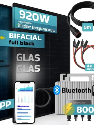 SUNNIVA® 920W Balkonkraftwerk BIFAZIAL FULLBLACK komplett Steckdose EcoFlow 800 Watt Wechselrichter, PV Solaranlage Komplettset, 2x 460W N-Type Glas-Glas Bifacial Solarmodule, 5m Kabel & 4x 1m Solarkabel Günstig