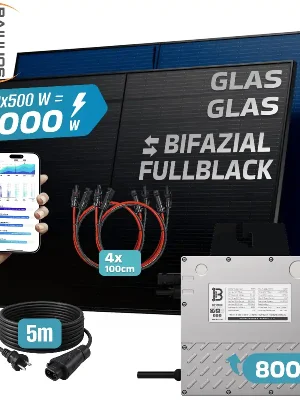 SUNNIVA® 1000W Balkonkraftwerk BIFAZIAL FULLBLACK komplett Steckdose BENY 800 Watt Wechselrichter, PV Solaranlage Komplettset, 2x 500W N-Type Glas-Glas Bifacial Solarmodule, 5m Kabel & 4x 1m Solarkabel Saisonangebot