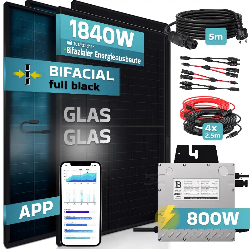 SUNNIVA® 1840W Balkonkraftwerk BIFAZIAL FULLBLACK komplett Steckdose BENY 800 Watt Wechselrichter, PV Solaranlage Komplettset, 4x 460W N-Type Glas-Glas Bifacial Solarmodule, 5m Kabel & 4x 2.5m Solarkabel Rabatt