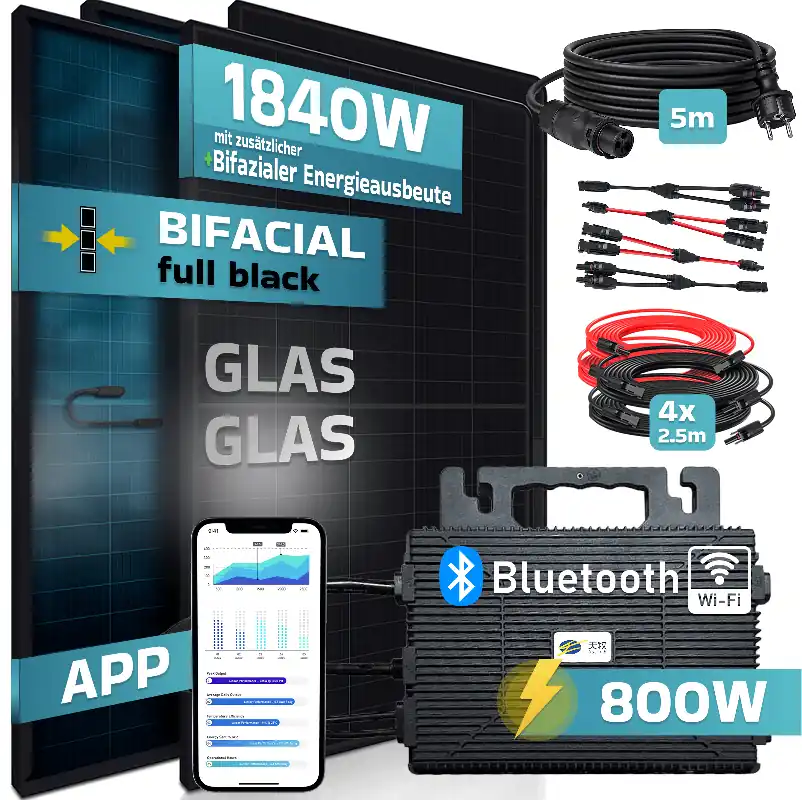 Jetzt Bestellen SUNNIVA® 1840W Balkonkraftwerk BIFAZIAL FULLBLACK komplett Steckdose ASTRO-E 800 Watt Wechselrichter, Solaranlage Komplettset, 4x460W N-Type Glas-Glas Bifacial Solarmodule, 5m Kabel, 4x2.5m Solarkabel